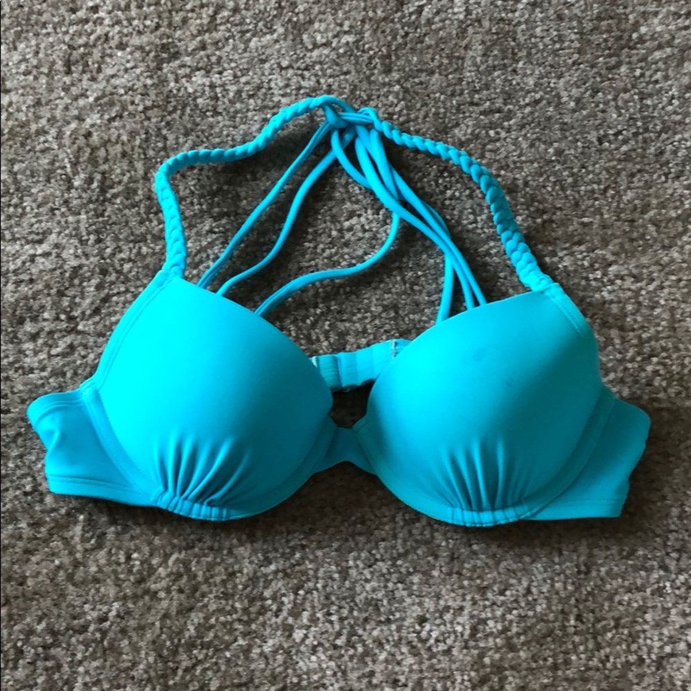 Blue and green strappy bikini top